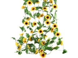 Elegante guirnalda de girasoles artificiales, vibrantes girasoles de seda con exuberantes hojas verdes para una decoración atemporal.