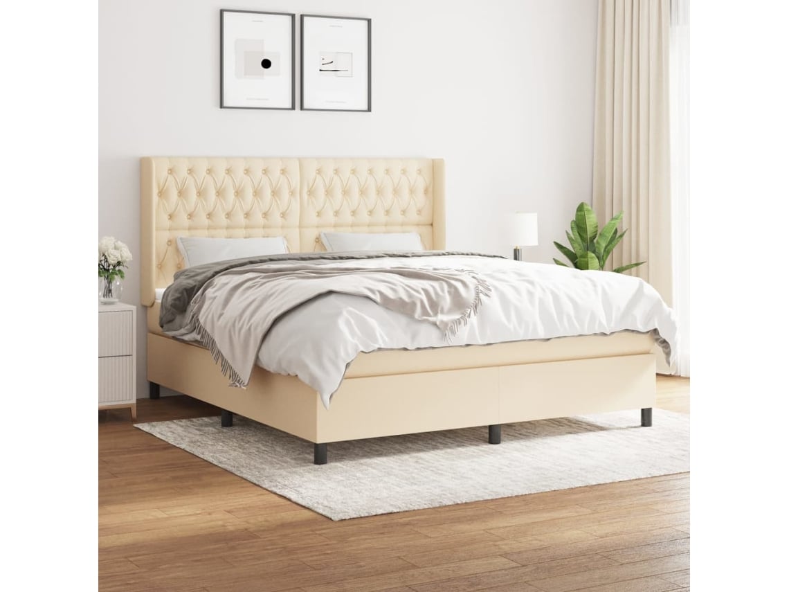 Cama Box Spring Con Colchón Tela Color Crema 180x200 Cm