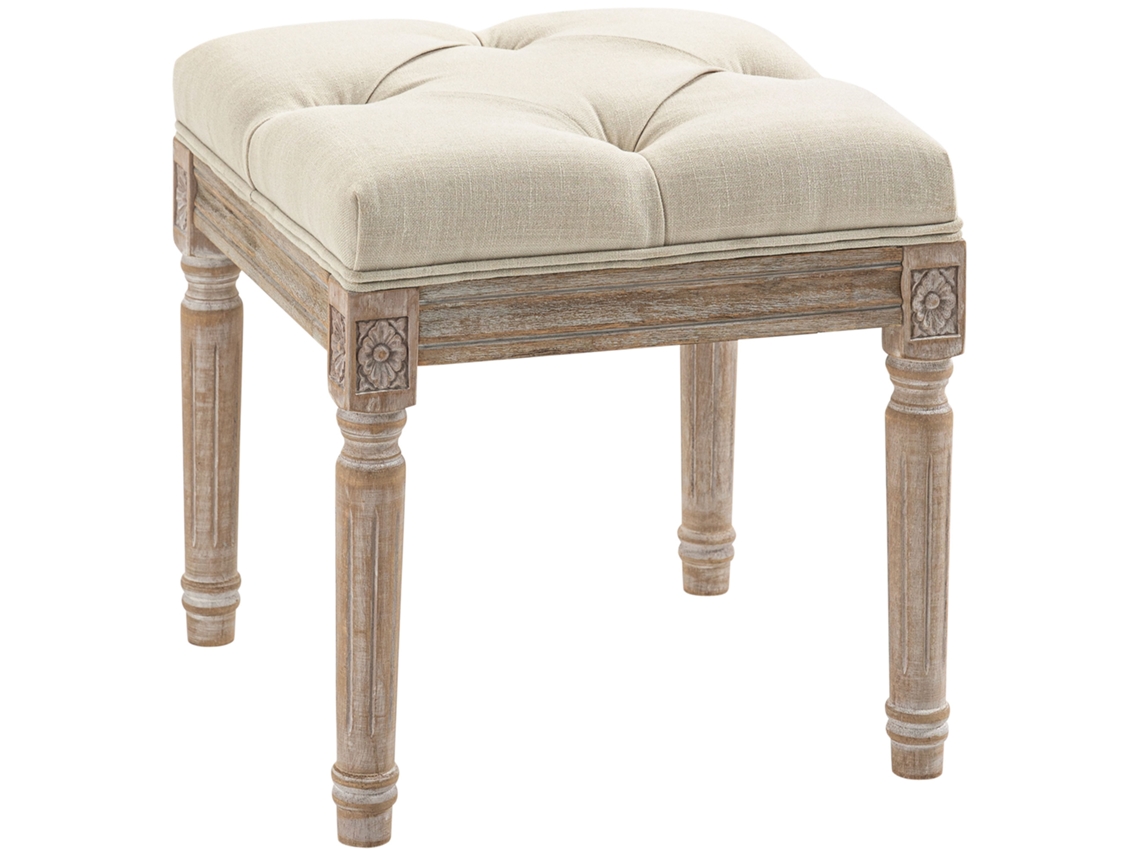 Puf Vintage Capitoné Con Patas De Madera, 40x40x43cm, Beige.