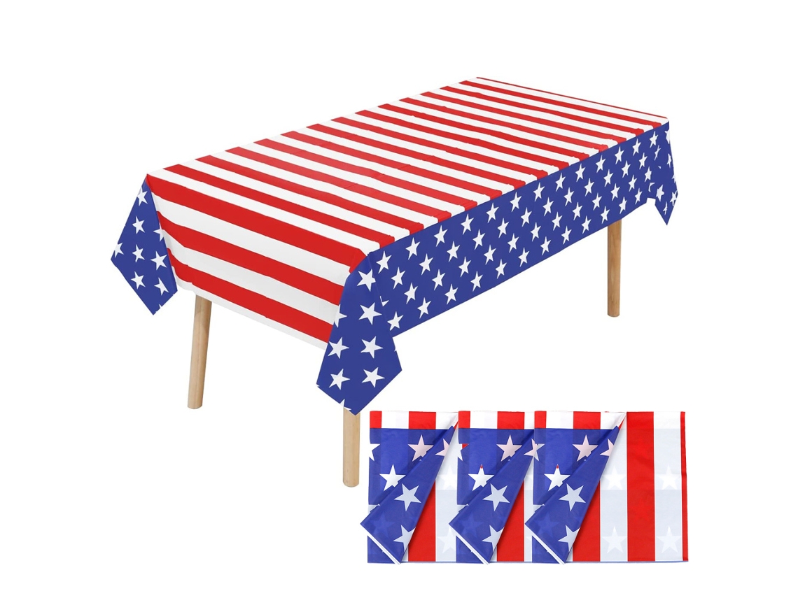 Durabilidad Asegúrese de que su celebración transcurra sin problemas con nuestro mantel con bandera estadounidense duradero y versátil, perfecto para cualquier ocasión.