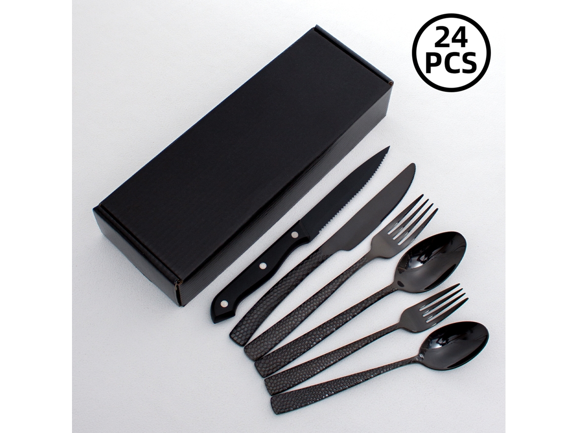 Juego de cubiertos MDUG de acero inoxidable martillado con mango cuadrado negro (24 piezas)