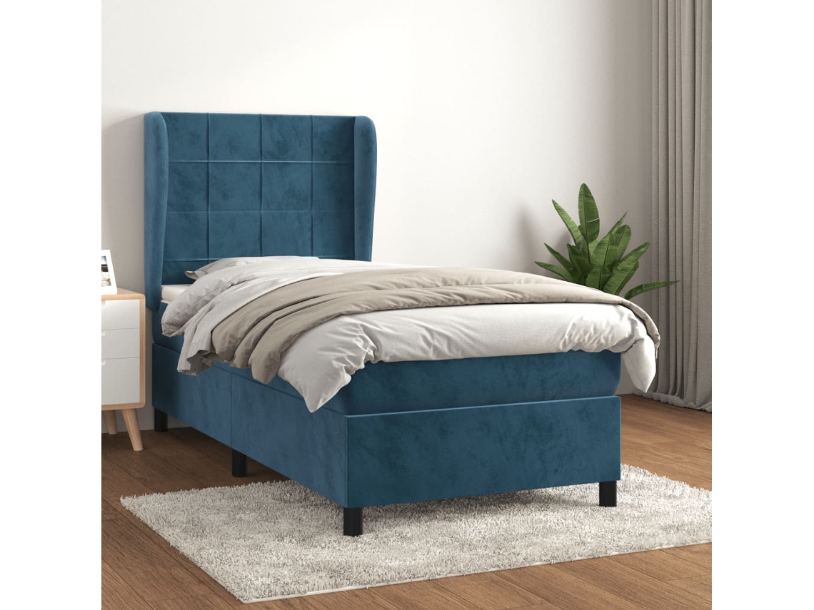 Cama Box Spring Con Colchón Terciopelo Azul Oscuro 90x200 Cm