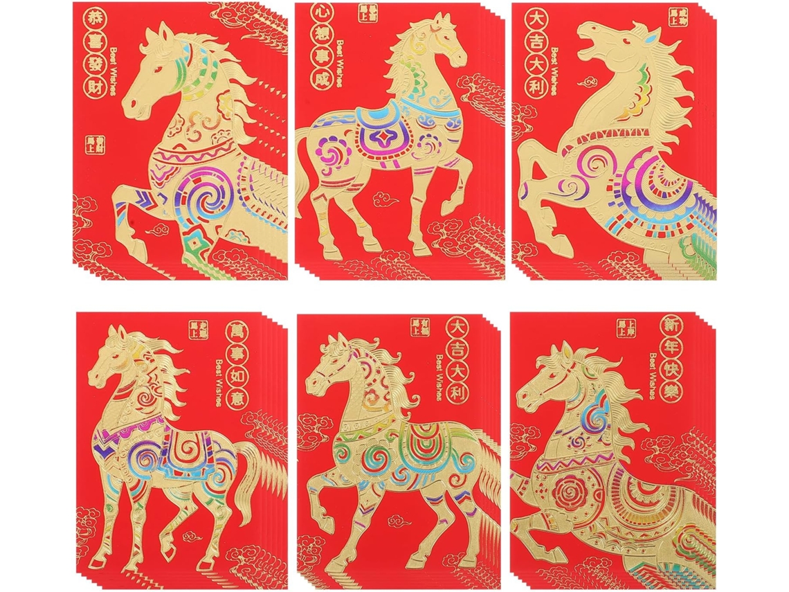 72 Sobres Rojos Para El Año Nuevo Chino 2026, Del Caballo, Papel Resistente, Ribete Dorado