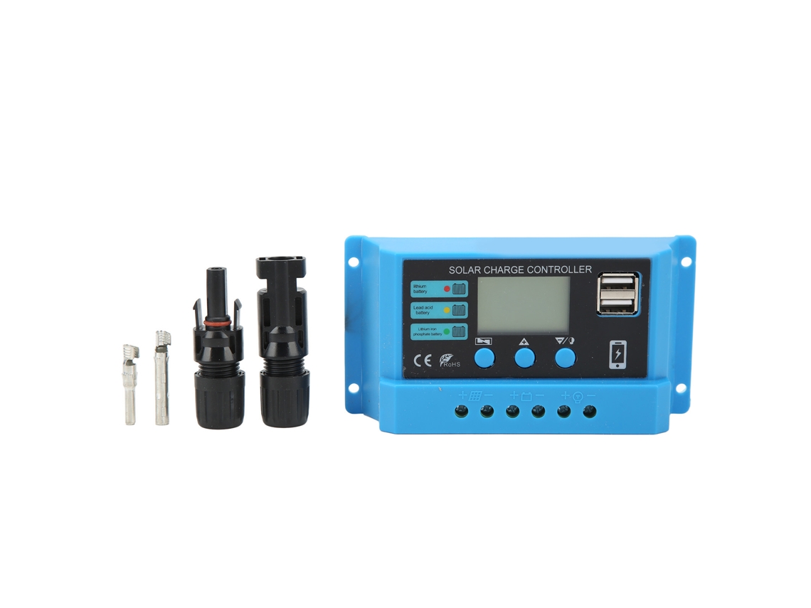 Controlador de carga solar de 12 V, 24 V y 30 A con pantalla LCD y conectores - Azul