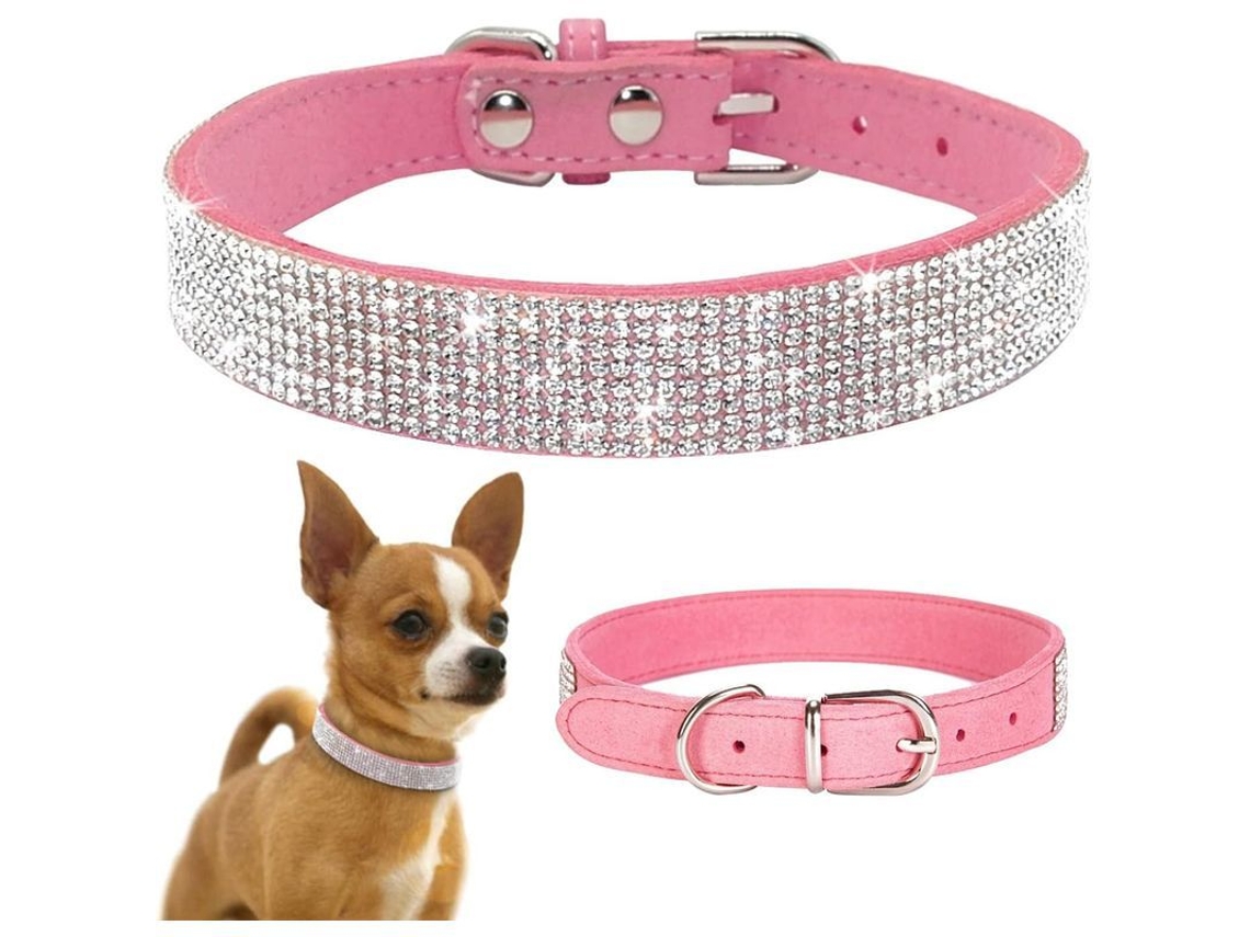 Collar para perro y gato Linjou, piel suave, piedras brillantes, talla XS, rosa | Sin marca
