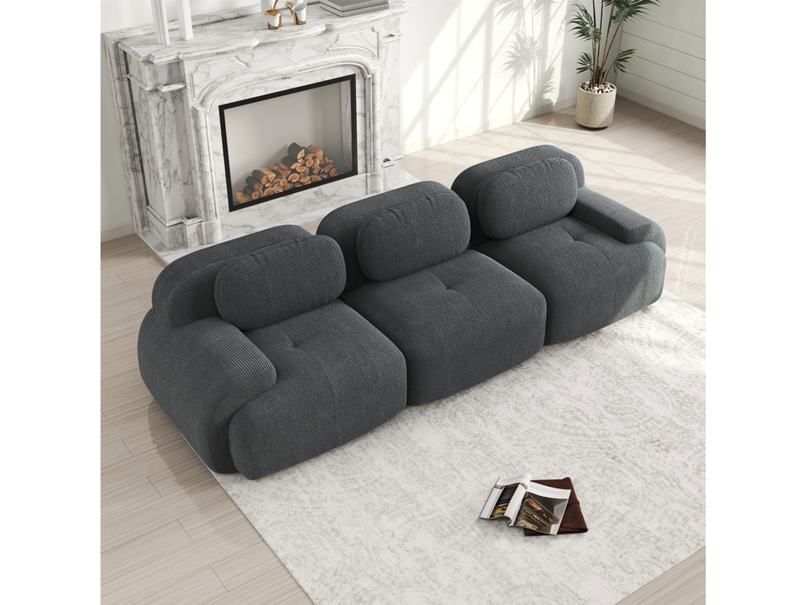 Sofá de 3 plazas en terciopelo de pana de primera calidad, sin marco, modular, montaje incluido, brazos ergonómicos, gris.