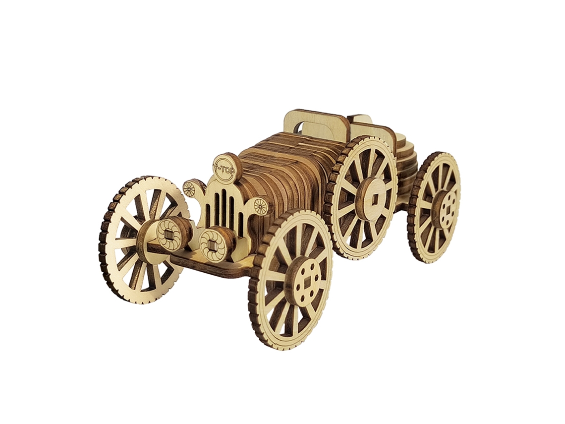 Maqueta De Madera 3d Con Movimiento Mecánico, Diseño De Coche Retro. 54 Piezas. 13x6x5 Cm.