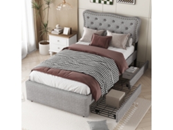 Cama Individual, Gris, 90x200 Cm, Capitoné, Con Tachuelas Y 2 Cajones.
