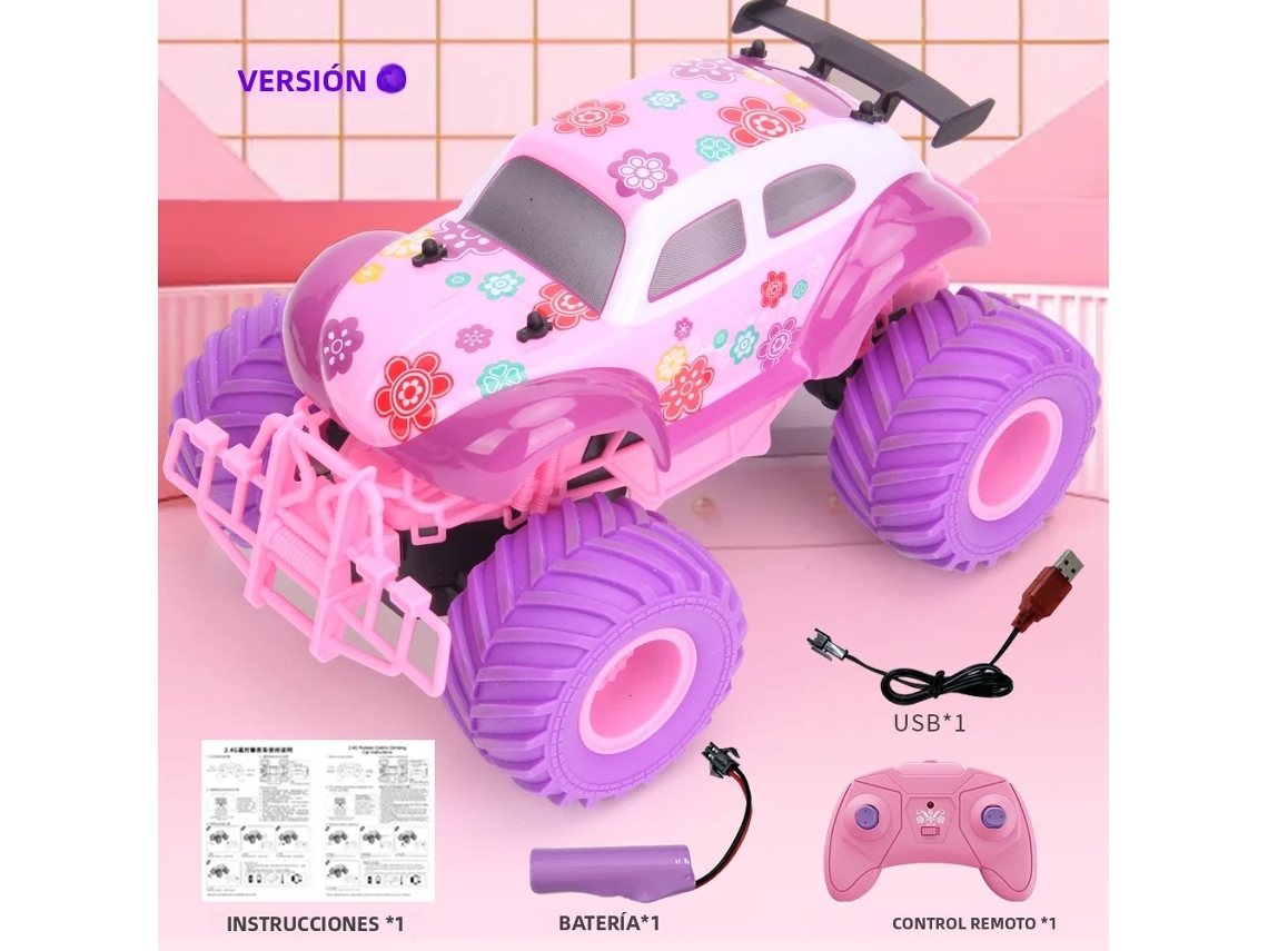 Coche teledirigido rosa de alta velocidad, control remoto 2,4 g, vehículo todoterreno con ruedas grandes.