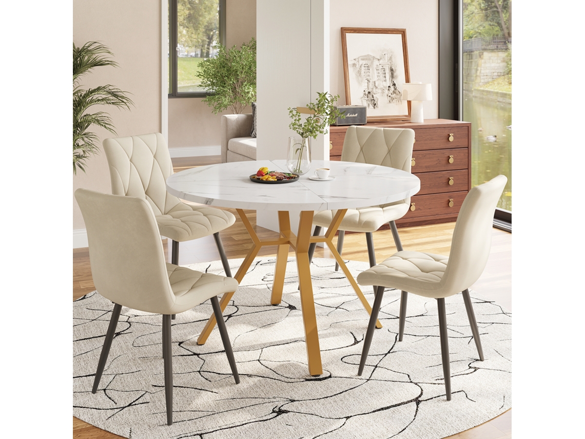 Mesa de comedor moderna redonda de mármol con 4 sillas ergonómicas de terciopelo beige, estructura dorada - BGA STORE