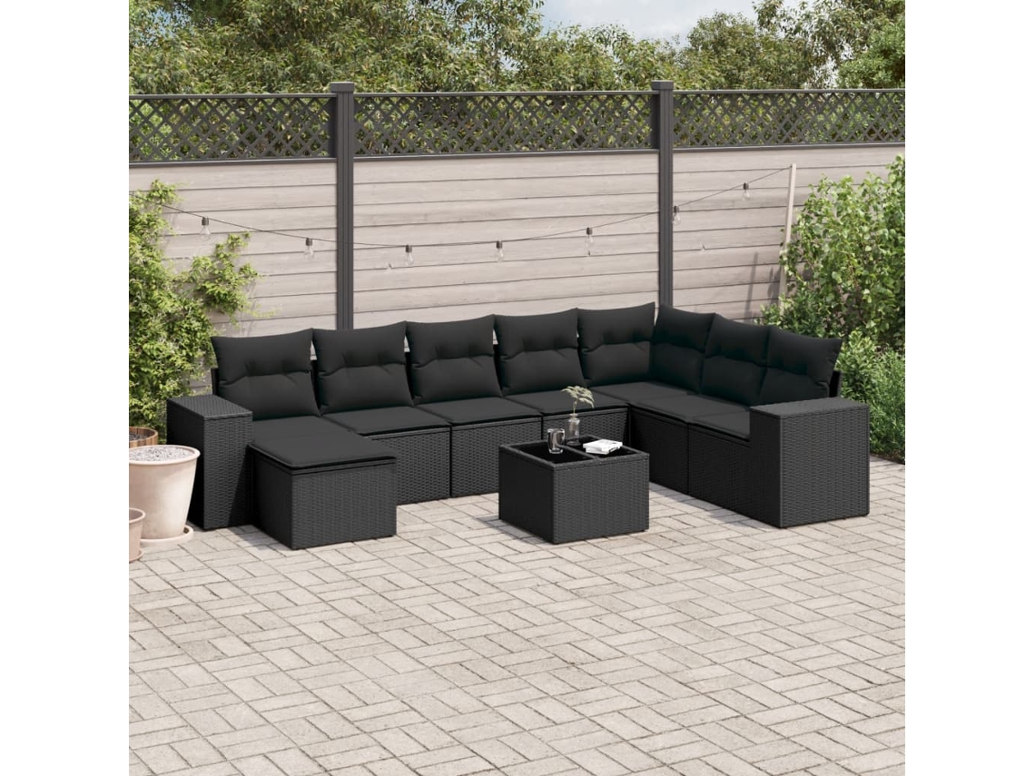 Conjunto de sofá de jardín de 9 piezas con cojines, ratán negro, Dkd Home Decor