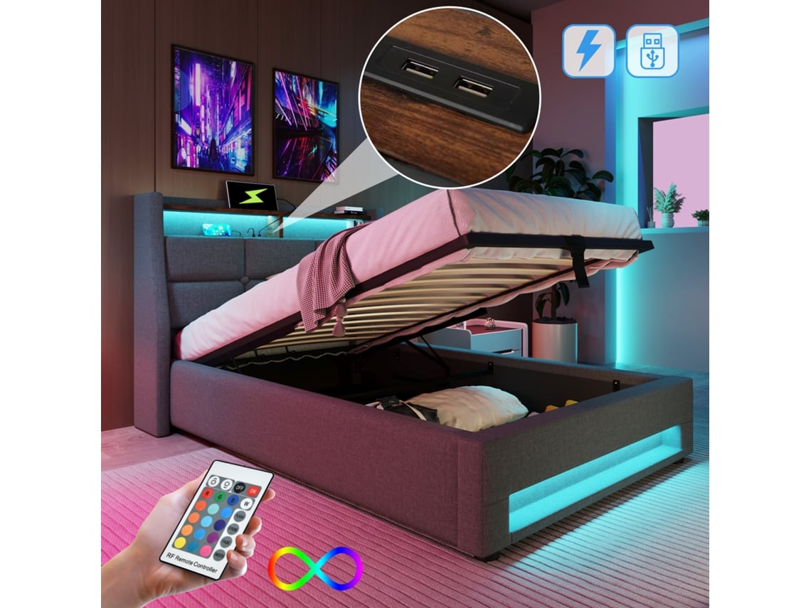 Cama Infantil De 90x200 Cm Con Led, Usb, Base De Láminas Metálicas Y Somier De Láminas Metálicas. Colchón No Incluido.