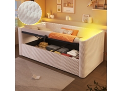 Sofá Cama Individual 90x200 Cm, Led, Almacenamiento Hidráulico, Somier De Láminas, Terciopelo Beige, Colchón No Incluido.