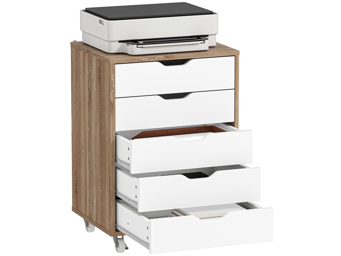Cajonera móvil para oficina, mueble de almacenamiento con ruedas, 5 cajones, 47,5 x 39,5 x 67,5 cm, blanco y roble.