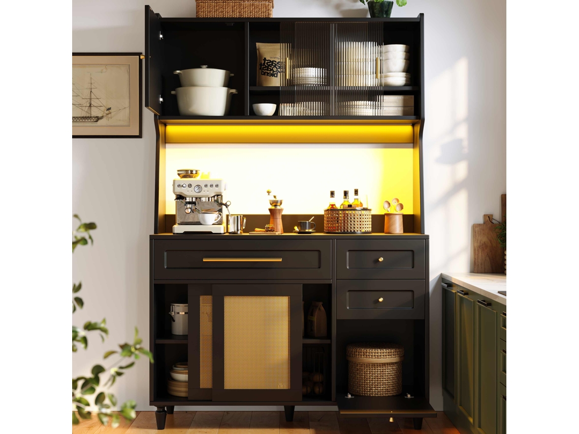 Aparador de cocina de 120 x 45 x 195,5 cm con iluminación LED, 3 cajones y 6 puertas, estantes regulables, color negro