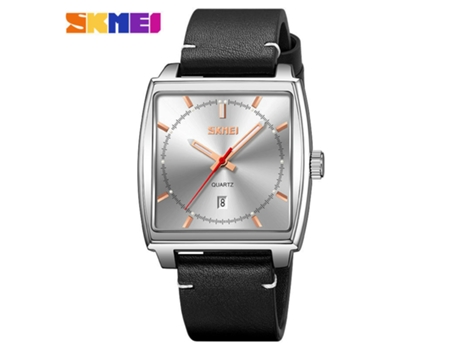 Reloj cuadrado, reloj de pulsera de cuarzo, reloj con correa de cuero con superficie plateada con patrón de sol y calendario automático LUUCOZK