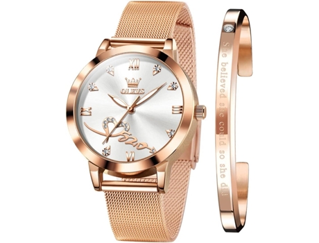 VEANXIN Pulsera de Malla de Oro Rosa Reloj de Mujer con Forma de corazón Conjunto de Pulsera de Cuarzo japonés Impermeable Luminoso(oro rosa blanco)