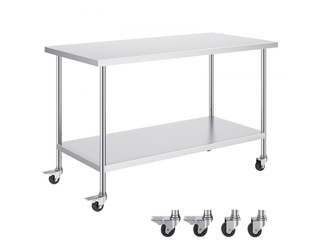 Mesa de trabajo profesional ajustable de acero inoxidable con ruedas y estante Tekmaquinas