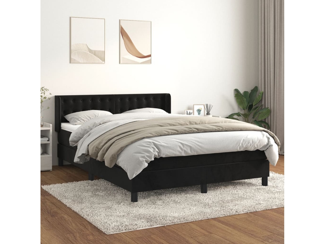 Cama Box Spring Con Colchón Terciopelo Negro 140x190 Cm