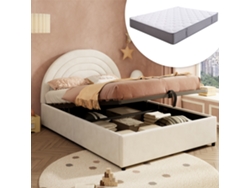 Cama Tapizada 140x200 - Cabecero, Somier De Láminas De Madera, Fácil Montaje, Incluye Colchón, Apta Para Adultos Y Jóvenes - Beige