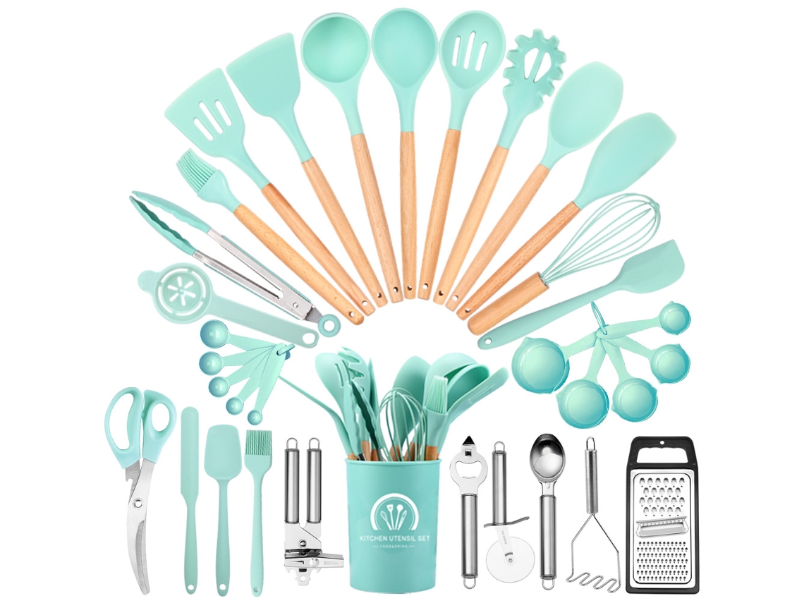 Conjunto de Utensílios de Cozinha 34 Peças Conjunto de Panelas Resistentes Ao Calor de Silicone com Cabo de Madeira-Verde GERTIZ