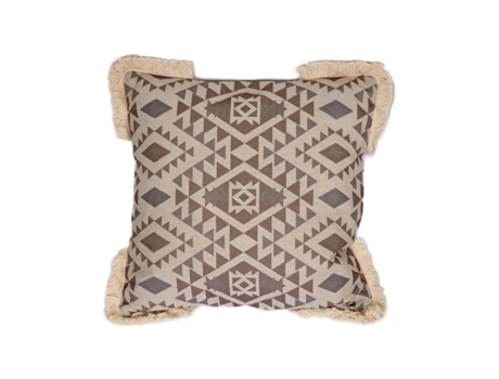 Cojin con relleno de estampado etnico en tonos beige y flecos coachella PRESUME DE CASA