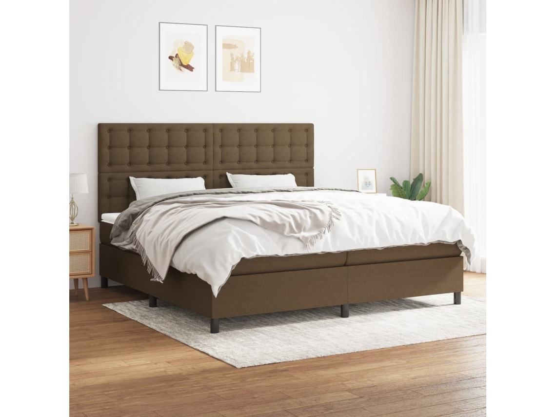 Cama Box Spring Con Colchón Tela Marrón Oscuro 200x200 Cm