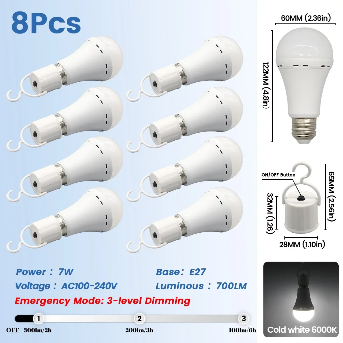 Bombillas Led Recargables (8 Unidades, 7w), Casquillo E27, 1500 Mah, Para Uso De Emergencia, Aptas Para Cortes De Luz Y Acampada Al Aire Libre.