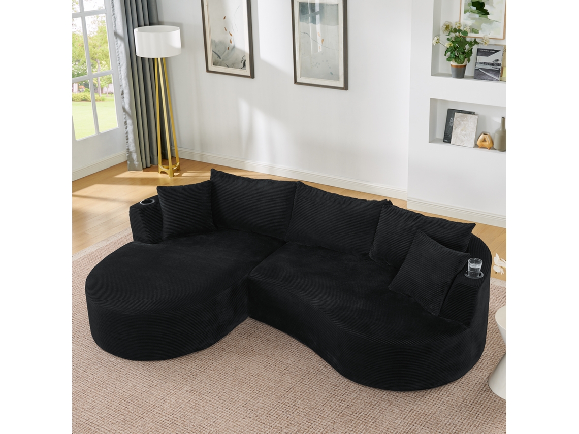 Sofá 3 Lugares Preto Com Chaise Esquerda, Porta-copos E Design Curvo