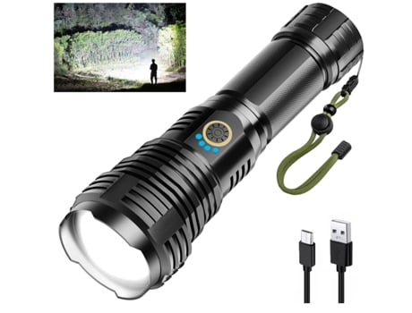 Linterna LED ultrabrillante, LED recargable 15000 lúmenes XHM77.2, funciona con pilas, con zoom (negro) CHRONUS