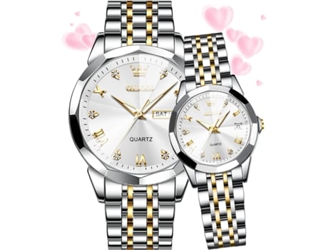 VEANXIN Reloj de Pareja Reloj de Cuarzo Reloj de Fecha Luminoso Impermeable de Acero Inoxidable(Oro y blanco)