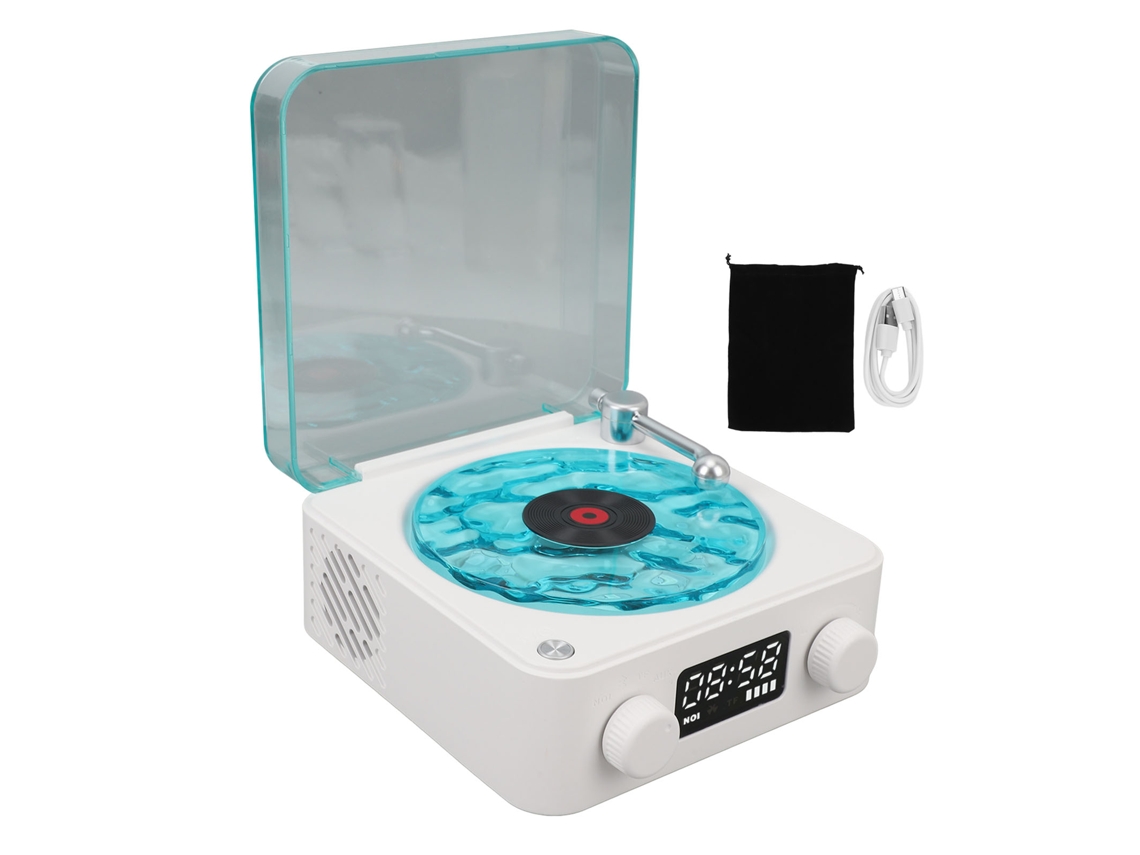 Tocadiscos Bluetooth Retro Con Luz Nocturna Y Reloj, Altavoz Estéreo Portátil, Blanco.