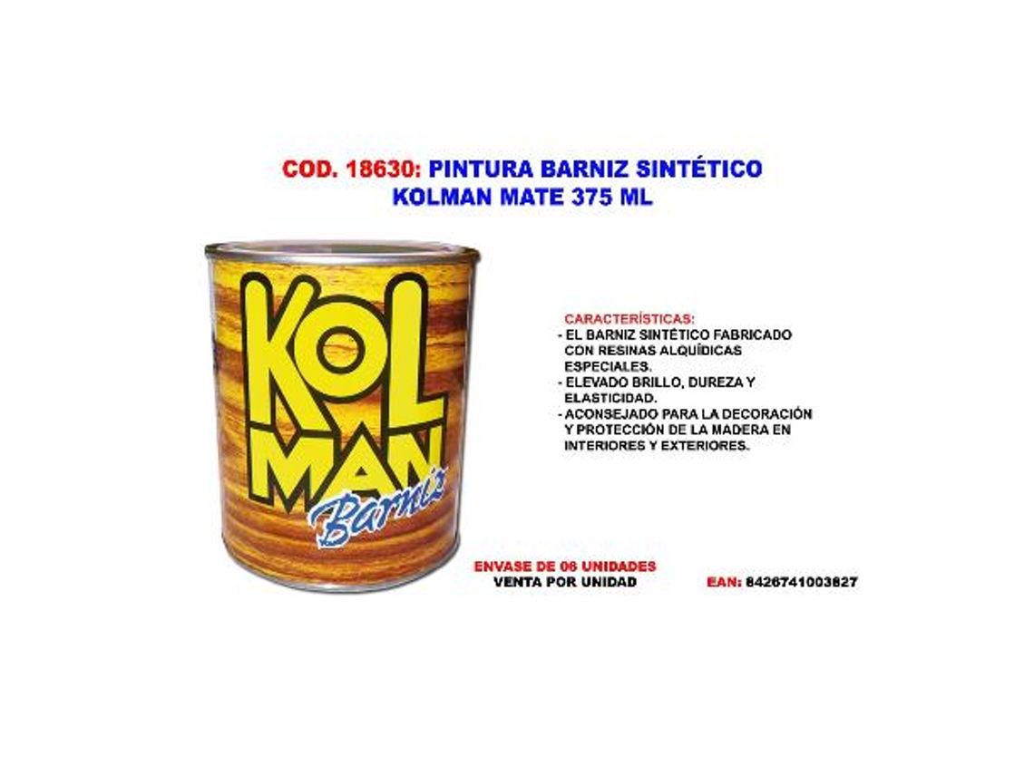 Pintura barniz sintetico kolman mate 375 ml.