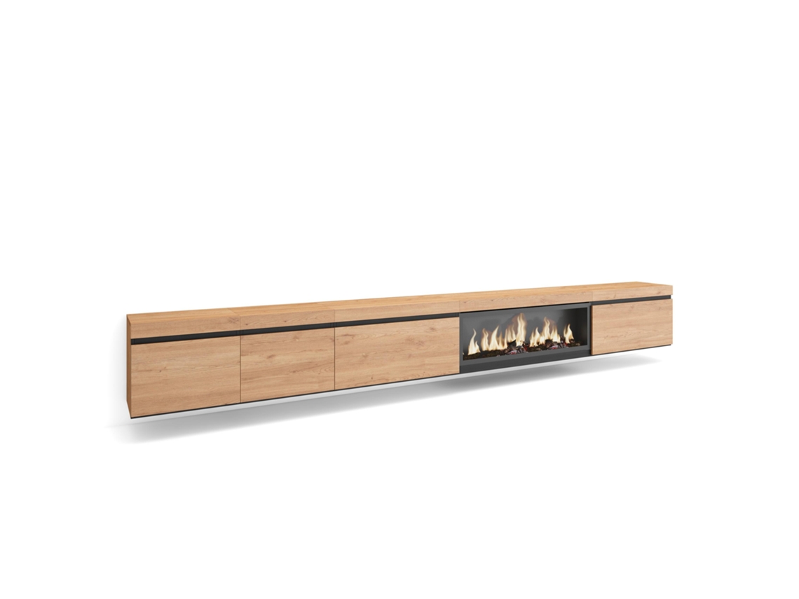Mueble TV, Televisión, 368x35x45, Chimenea eléctrica XXL, Colgado, Suspendido, Roble SKRAUT HOME