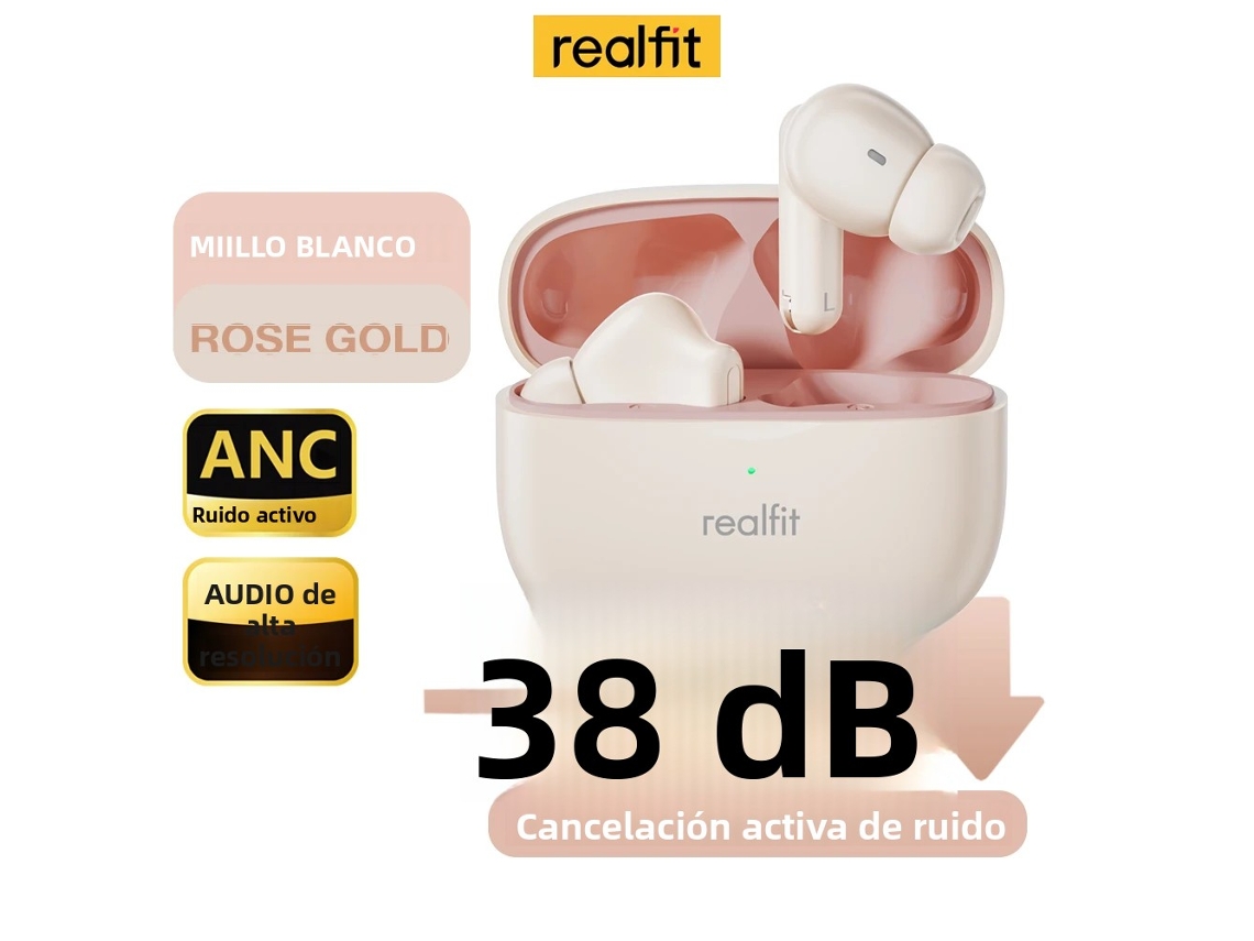 Auriculares Bluetooth (beige) Con Cancelación Activa De Ruido, Función De Llamada Enc Y Graves Estéreo Hifi.