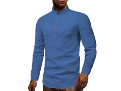 Camisa De Vestir De Manga Larga Para Hombre Con Cuello Alto, Corte Ajustado, Medio Botón, Azul Oscuro, Xxxl
