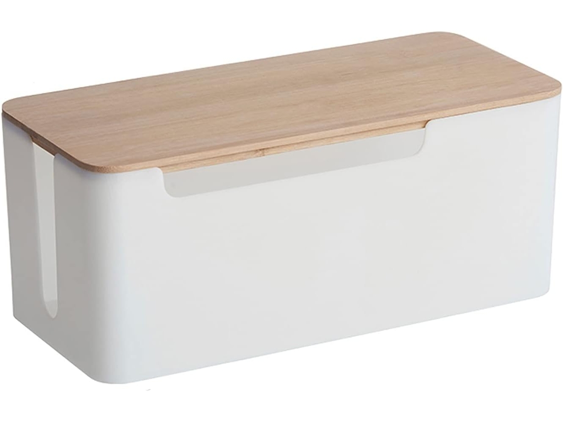 Caja organizadora de cables grande de Amosfun con tapa de bambú.