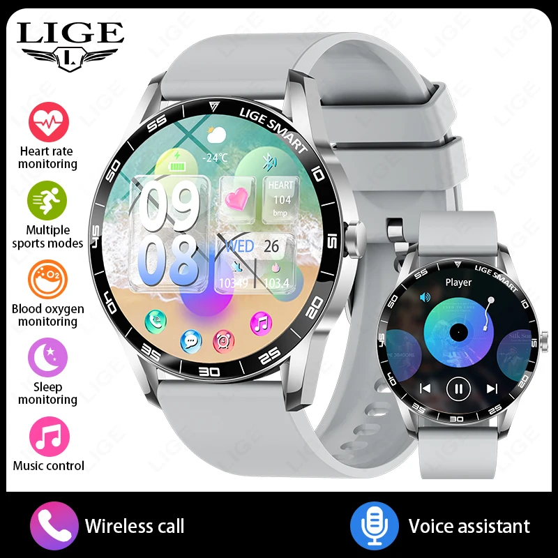 Reloj inteligente (gris) con pantalla táctil completa, resistente al agua IP68, llamadas Bluetooth y monitorización de la salud deportiva.