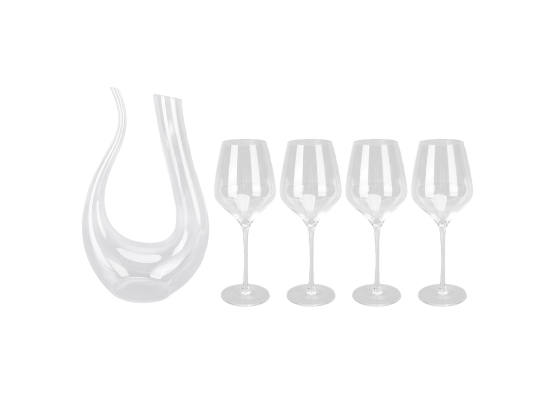 Juego de 5 copas de vino de cristal, estilo bar familiar, decantador.