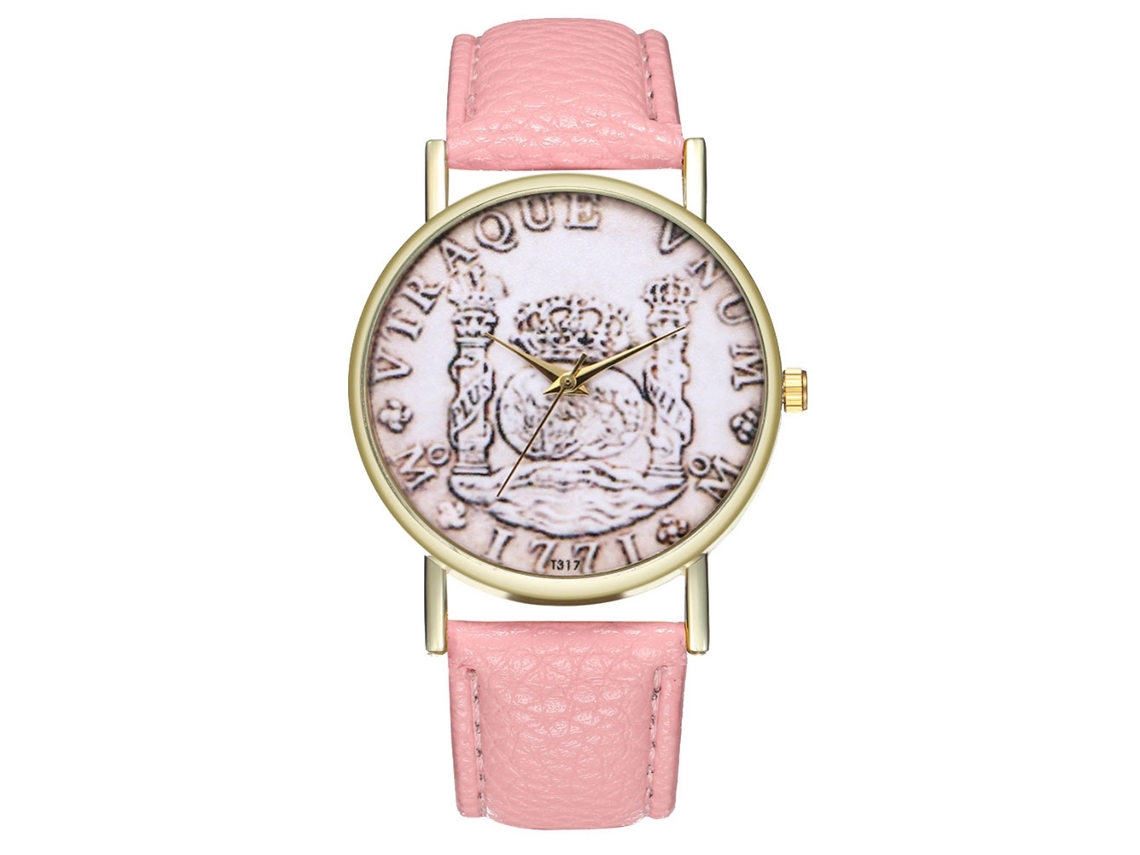 Reloj De Pulsera De Cuarzo Para Pareja Con Correa De Cuero Rosa Con Estampado De Moneda De Dólar.