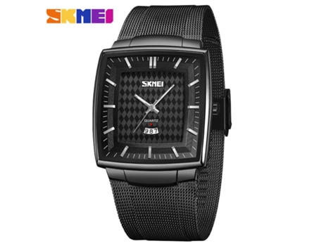 Reloj de cuarzo analógico de acero inoxidable ultrafino, reloj de pulsera de malla cuadrada, carcasa negra y superficie negra LUUCOZK