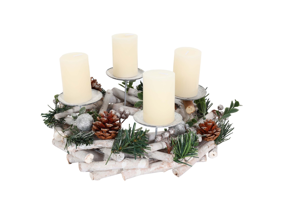 Corona de Adviento, Corona de mesa, Decoración navideña, Madera, Plata, Blanco, Diámetro 30 cm, Con velas 04_0006548