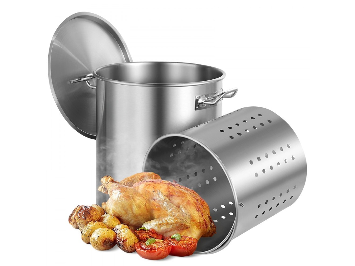 Cacerola de acero inoxidable de 39,7 l con cesta y colador Tekmaquinas Ideal para cocinar a gran escala