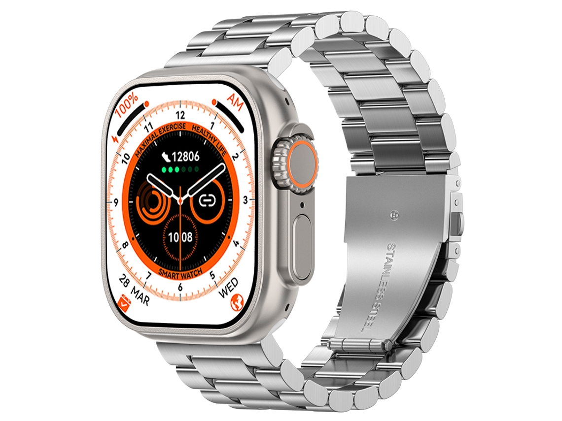 Reloj inteligente compatible con NFC (Near Field Communication) y carga inalámbrica. (Correa de acero plateada)