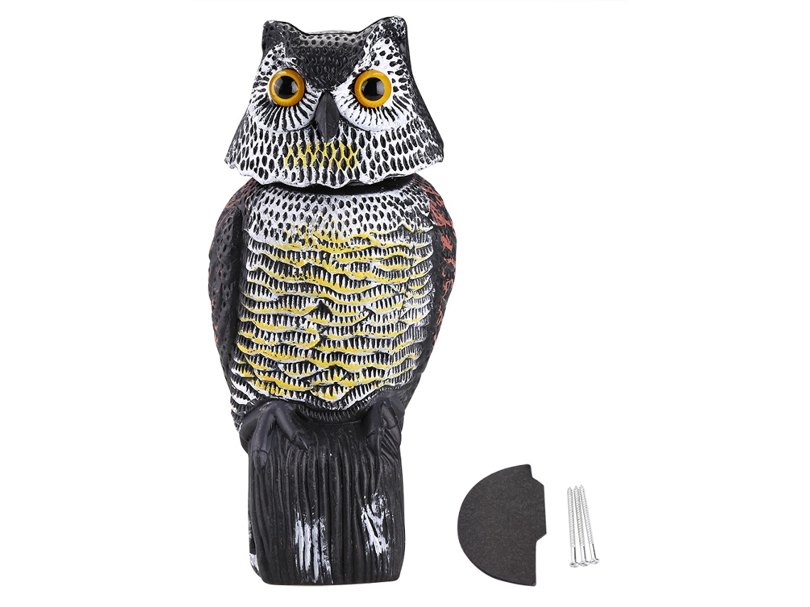 Espantapájaros con forma de búho, cabeza giratoria y sonido para jardín.