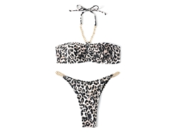 Bikini de dos piezas con cadena dorada y estampado de leopardo, talla M.