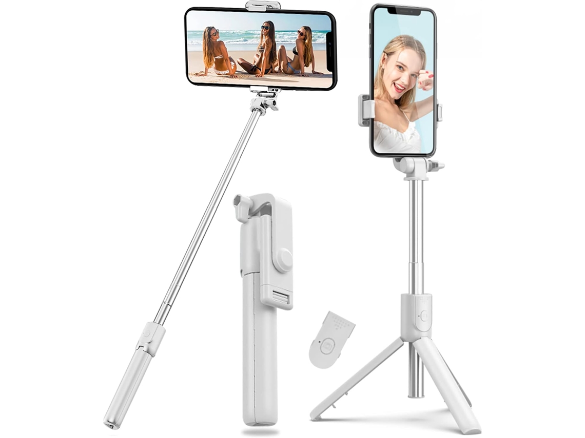 Selfie Stick Tripé Bluetooth 4 En 1, Brazo De Aluminio Extensible Con Control Inalámbrico, Rotación De 360° – Blanco