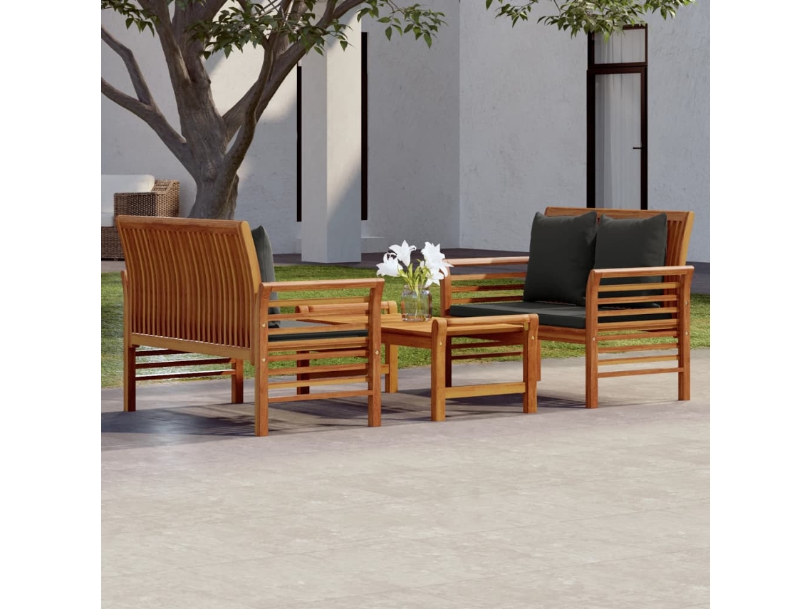 Conjunto de jardín de 3 piezas con cojines en madera maciza de acacia, DKD Home Decor