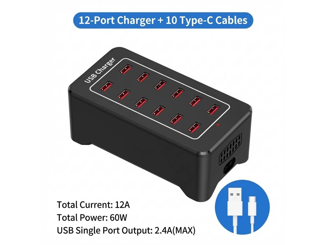 Extensión Chrui Estación Usb 12 Puertos + 10 Cables Type-c (blanco)