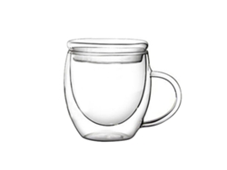 Vaso de vidrio transparente de dos capas de 250 ml con asa y tapa de vidrio